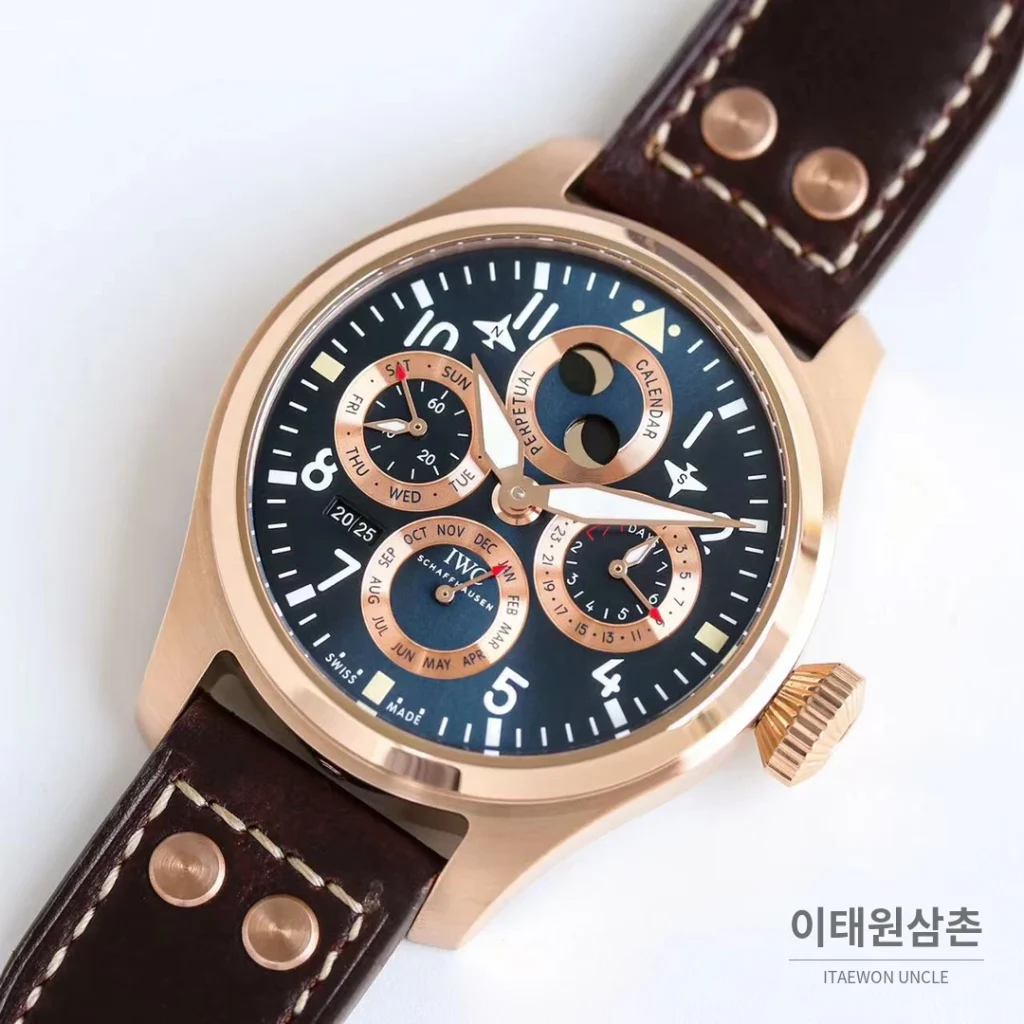 IWC 빅파일럿 퍼페추얼 캘린더 스틸 오토매틱 41mm IW503605 네이비 다이얼 브라운 가죽 스트랩