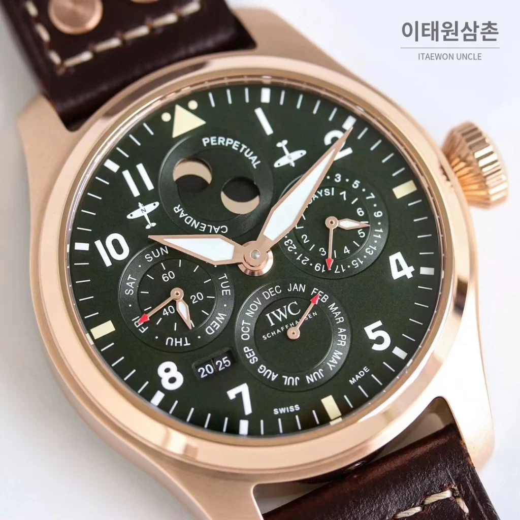 IWC 빅파일럿 퍼페추얼 캘린더 스틸 오토매틱 41mm IW503605 그린 다이얼 브라운 가죽 스트랩