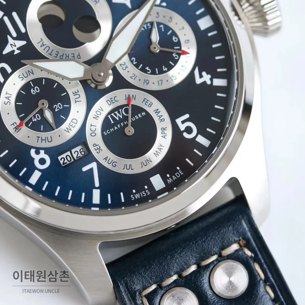 IWC 빅파일럿 퍼페추얼 캘린더 스틸 오토매틱 41mm IW503605 네이비 다이얼 네이비 가죽 스트랩
