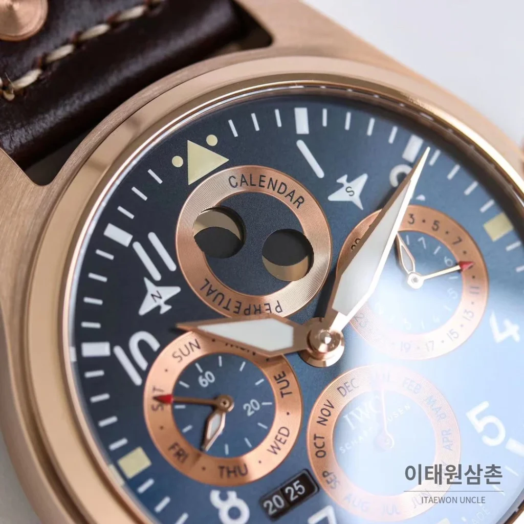 IWC 빅파일럿 퍼페추얼 캘린더 스틸 오토매틱 41mm IW503605 네이비 다이얼 브라운 가죽 스트랩