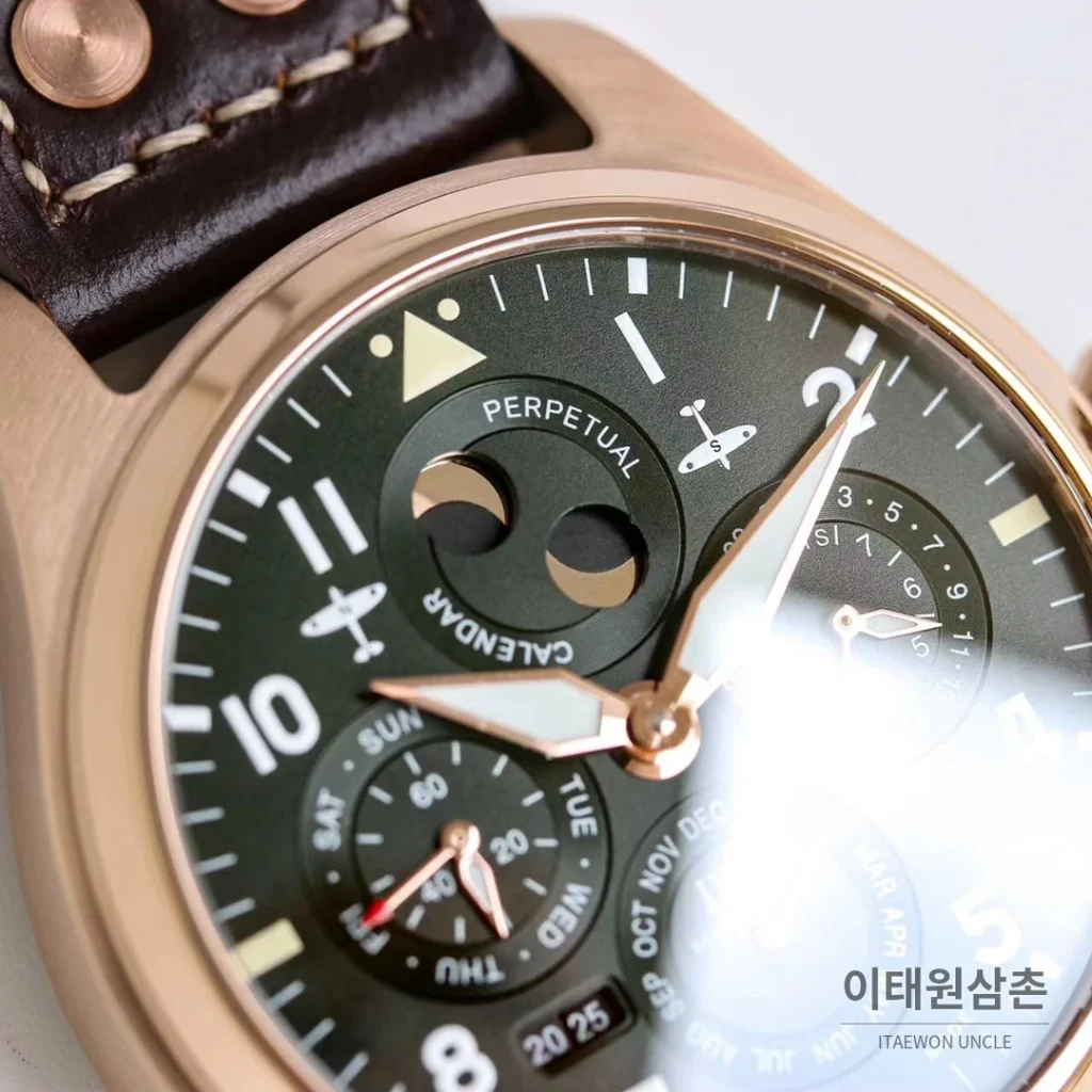 IWC 빅파일럿 퍼페추얼 캘린더 스틸 오토매틱 41mm IW503605 그린 다이얼 브라운 가죽 스트랩