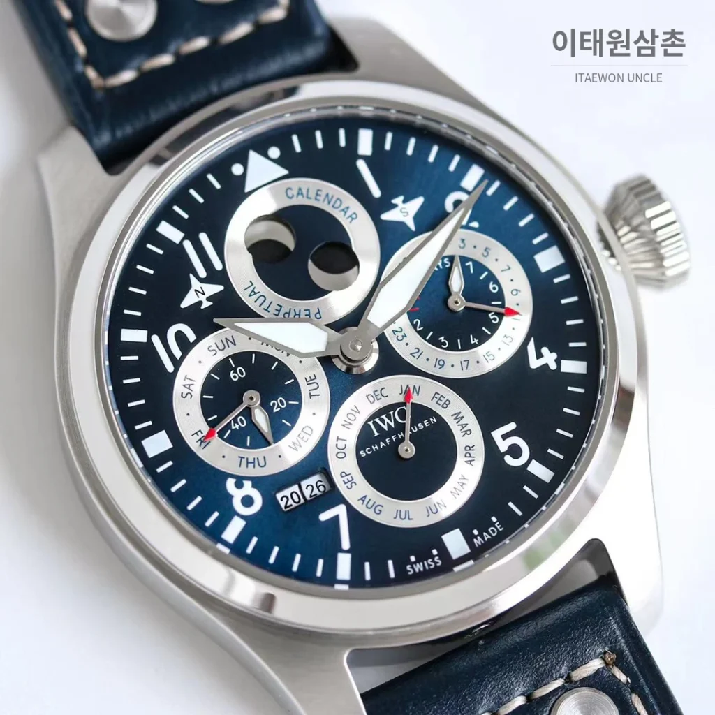 IWC 빅파일럿 퍼페추얼 캘린더 스틸 오토매틱 41mm IW503605 네이비 다이얼 네이비 가죽 스트랩