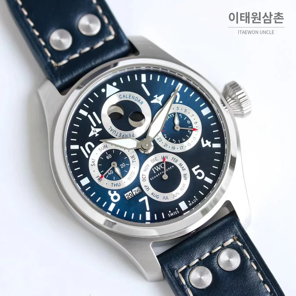 IWC 빅파일럿 퍼페추얼 캘린더 스틸 오토매틱 41mm IW503605 네이비 다이얼 네이비 가죽 스트랩