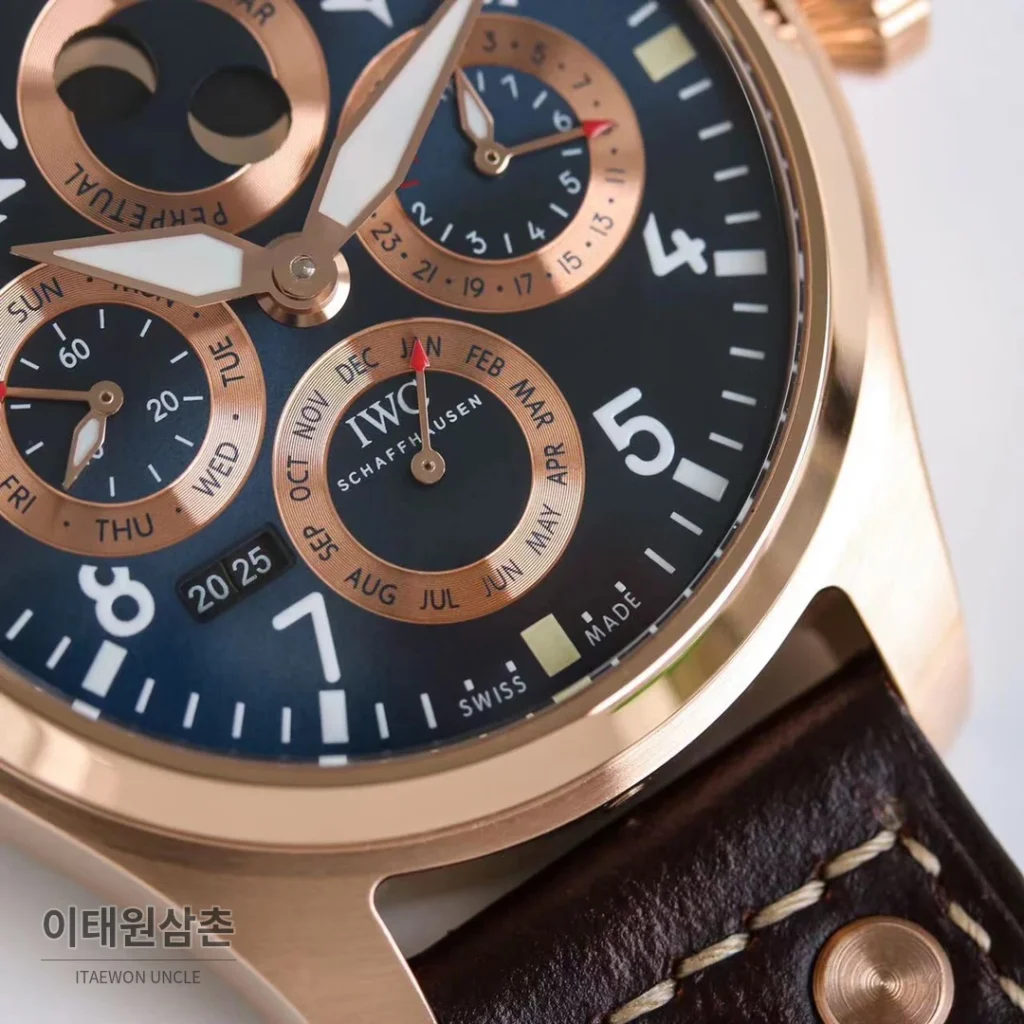 IWC 빅파일럿 퍼페추얼 캘린더 스틸 오토매틱 41mm IW503605 네이비 다이얼 브라운 가죽 스트랩