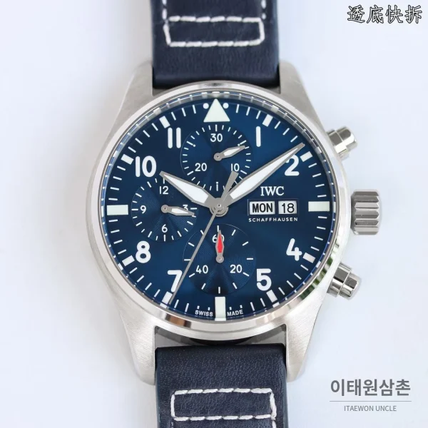 IWC 파일럿 스틸 블루다이얼 크로노그래프 오토매틱 41mm IW388103 네이비 가죽 스트랩