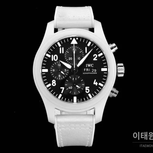 IWC 파일럿 탑건 세라믹 화이트다이얼 크로노그래프 오토매틱 44.5mm 화이트 나일론 스트랩