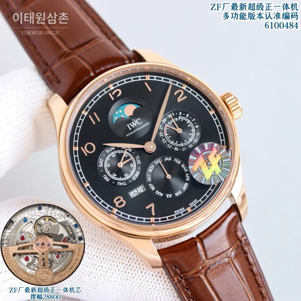 IWC 포르투기저 퍼페추얼캘린더 문페이즈 오토매틱 42.2mm 6100484 블랙 다이얼 브라운 가죽 스트랩