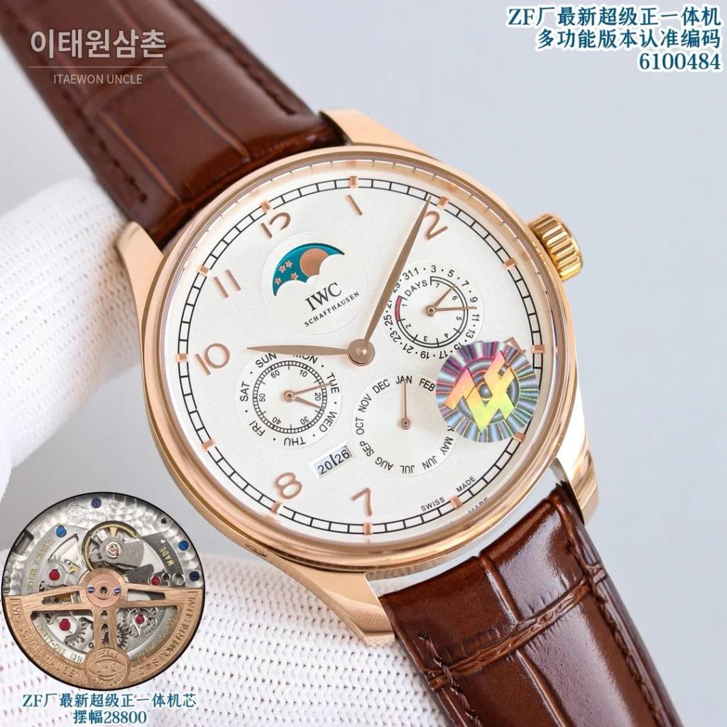 IWC 포르투기저 퍼페추얼캘린더 문페이즈 오토매틱 42.2mm 6100484 블랙 다이얼 브라운 가죽 스트랩