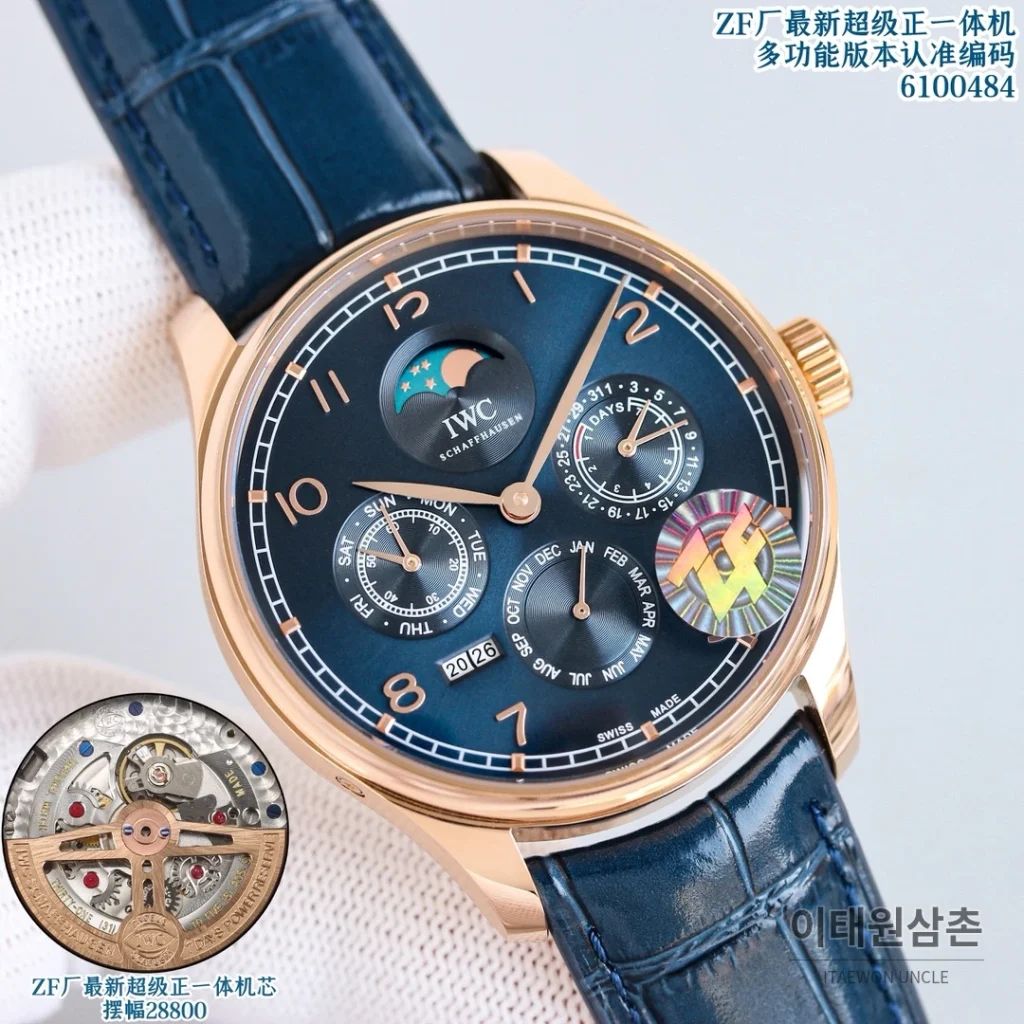 IWC 포르투기저 퍼페추얼캘린더 문페이즈 오토매틱 42.2mm 6100484 블랙 다이얼 브라운 가죽 스트랩