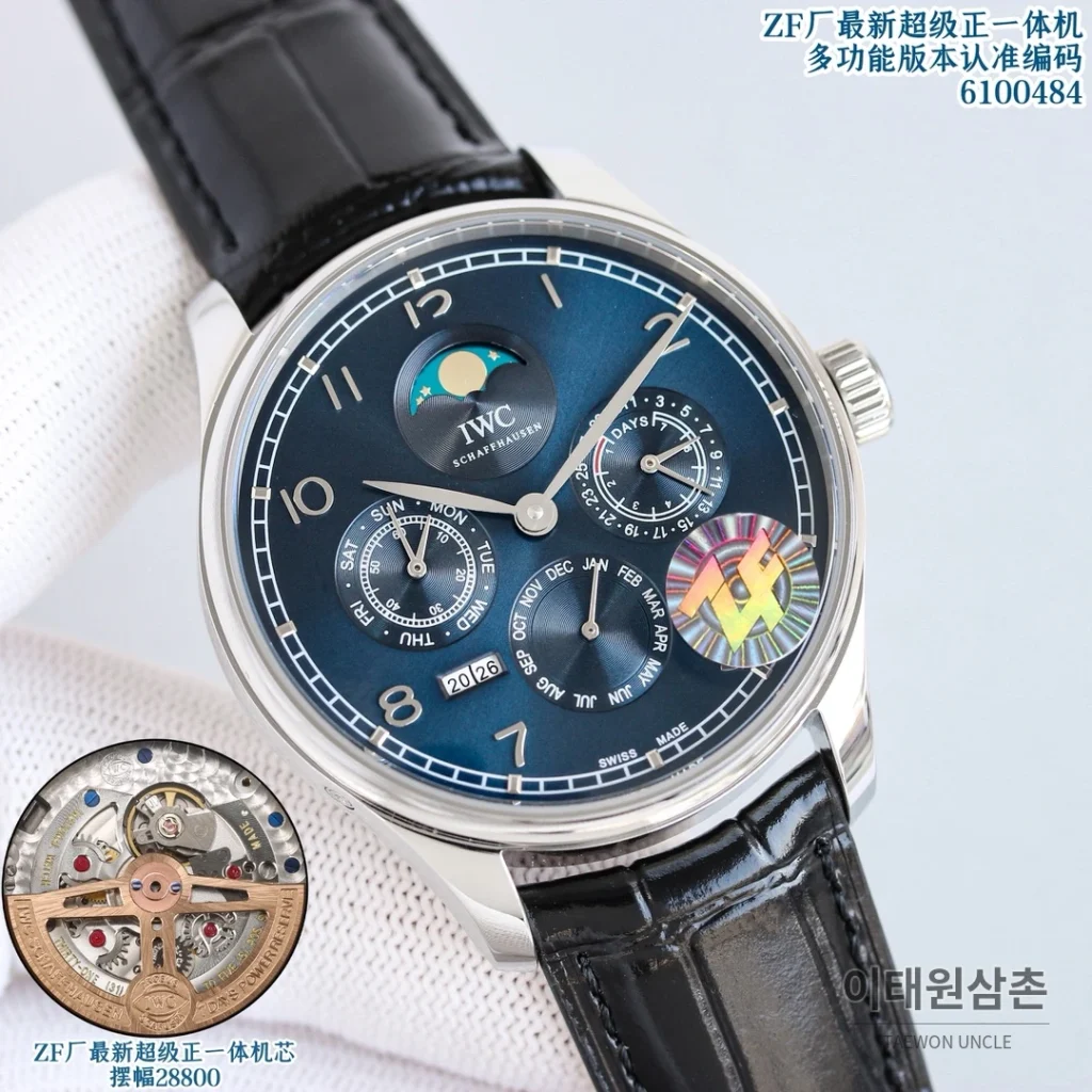 IWC 포르투기저 퍼페추얼캘린더 문페이즈 오토매틱 42.2mm 6100484 블랙 다이얼 블랙 가죽 스트랩