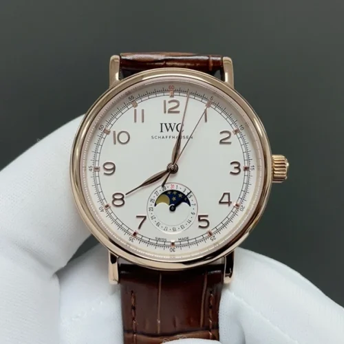 IWC 포르투기저 오토매틱 39mm 화이트 다이얼 브라운 가죽 스트랩 로즈골드 베젤
