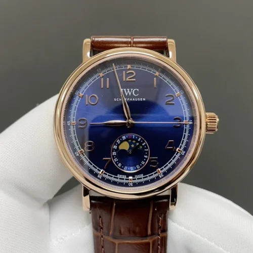 IWC 포르투기저 오토매틱 39mm 네이비 다이얼 브라운 가죽 스트랩 로즈골드 베젤
