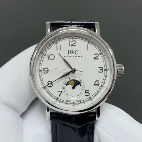 IWC 포르투기저 오토매틱 39mm 화이트 다이얼 블랙 가죽 스트랩 (2)