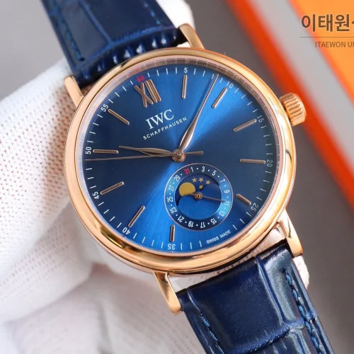 IWC 포르투기저 오토매틱 39mm 블루 다이얼 네이비 가죽 스트랩 로즈골드 베젤