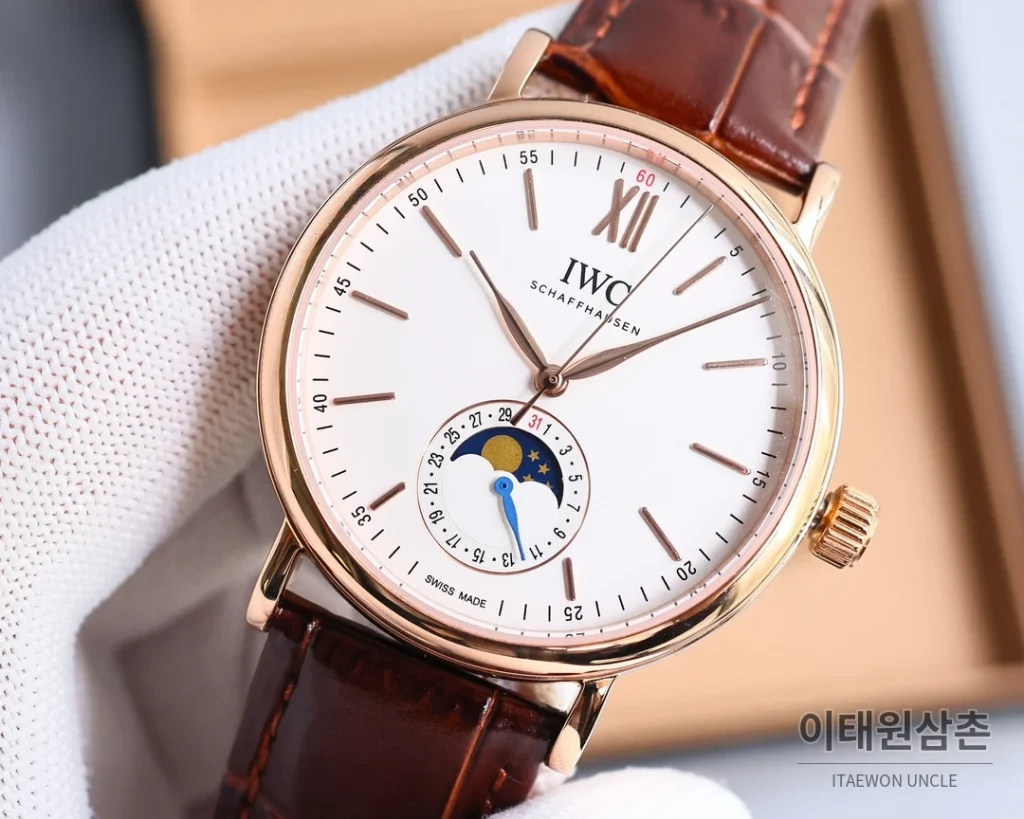IWC 포르투기저 오토매틱 39mm 화이트 다이얼 브라운 가죽 스트랩 로즈골드 베젤 (2)