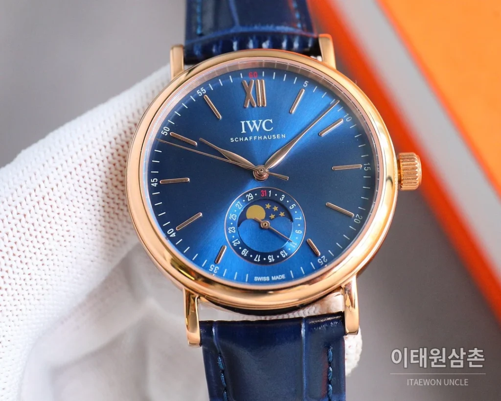 IWC 포르투기저 오토매틱 39mm 블루 다이얼 네이비 가죽 스트랩 로즈골드 베젤