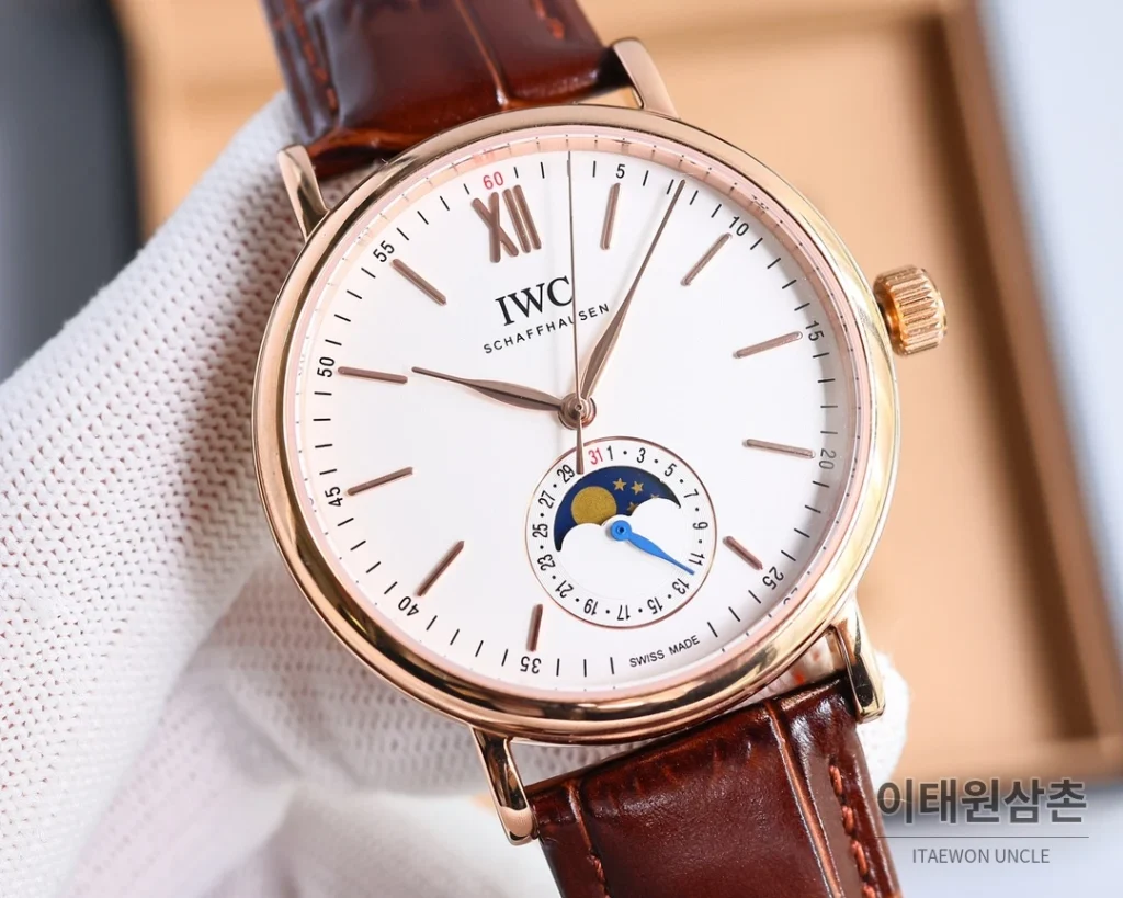 IWC 포르투기저 오토매틱 39mm 화이트 다이얼 브라운 가죽 스트랩 로즈골드 베젤 (2)