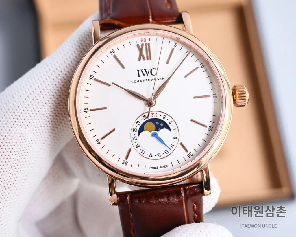 IWC 포르투기저 오토매틱 39mm 화이트 다이얼 브라운 가죽 스트랩 로즈골드 베젤 (2)