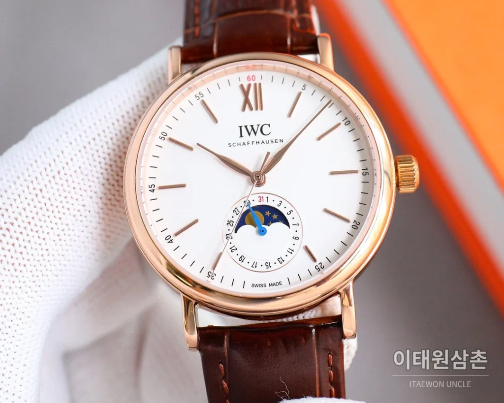 IWC 포르투기저 오토매틱 39mm 블루 다이얼 네이비 가죽 스트랩 로즈골드 베젤