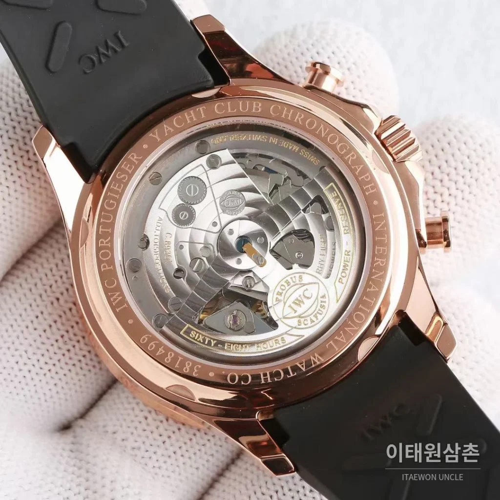 IWC 포르투기저 크로노그래프 오토매틱 45mm 블랙 다이얼 블랙 러버 스트랩 로즈골드 베젤