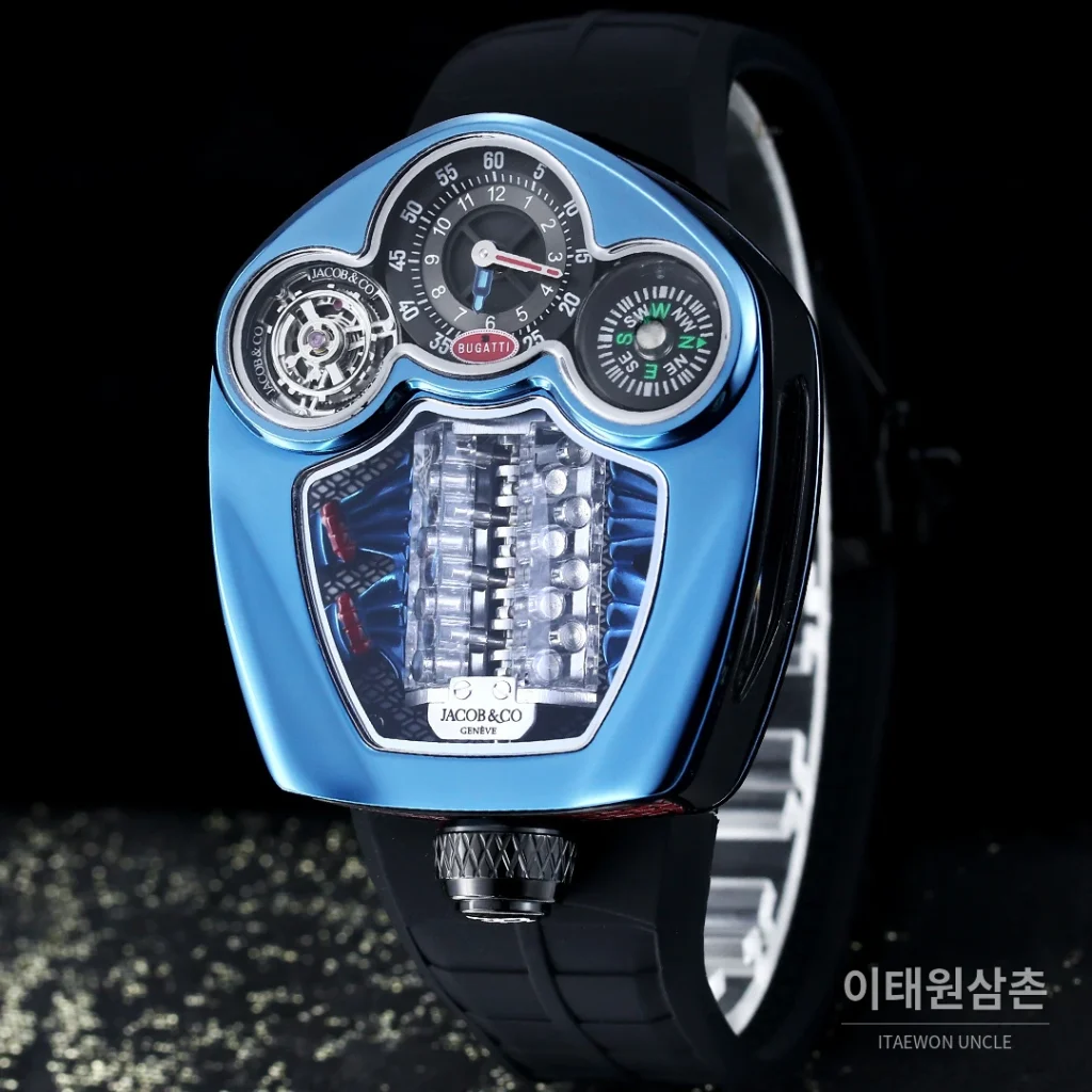 제이콥앤코 부가티 투르비용 W16 엔진 스켈레톤 오토매틱 55mm 블랙 다이얼 레드 러버 스트랩