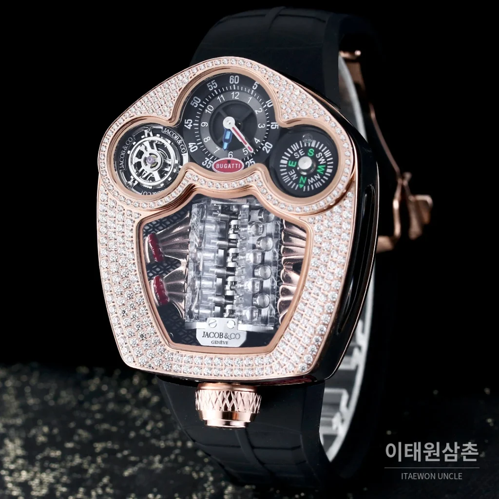제이콥앤코 부가티 투르비용 W16 엔진 스켈레톤 오토매틱 55mm 블랙 다이얼 블랙 러버 스트랩 로즈골드 베젤 (2)