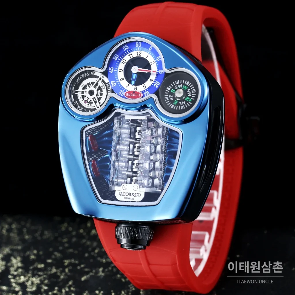 제이콥앤코 부가티 투르비용 W16 엔진 스켈레톤 오토매틱 55mm 블랙 다이얼 레드 러버 스트랩