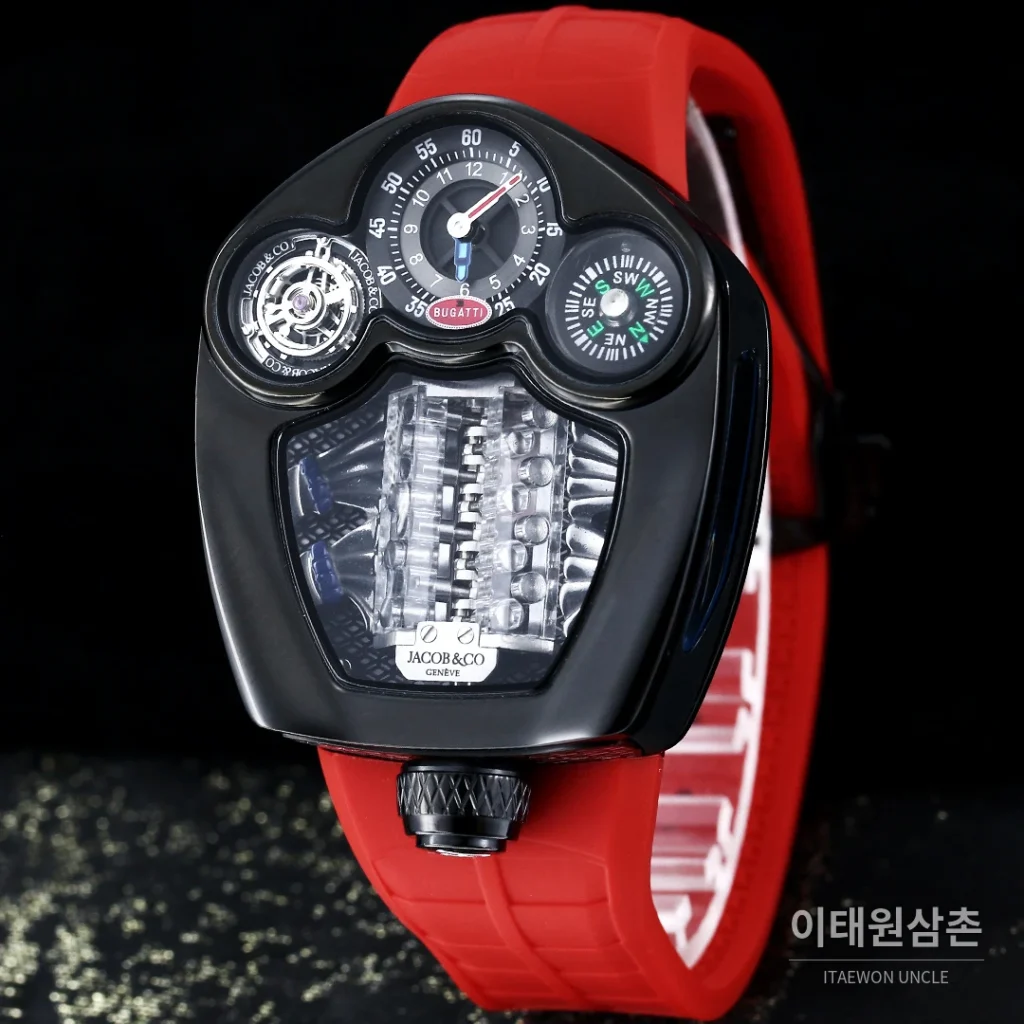제이콥앤코 부가티 투르비용 W16 엔진 스켈레톤 오토매틱 55mm 블랙 다이얼 블랙 러버 스트랩
