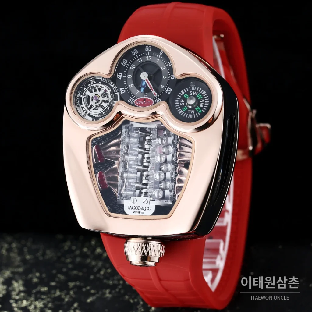 제이콥앤코 부가티 투르비용 W16 엔진 스켈레톤 오토매틱 55mm 블랙 다이얼 블랙 러버 스트랩 로즈골드 베젤
