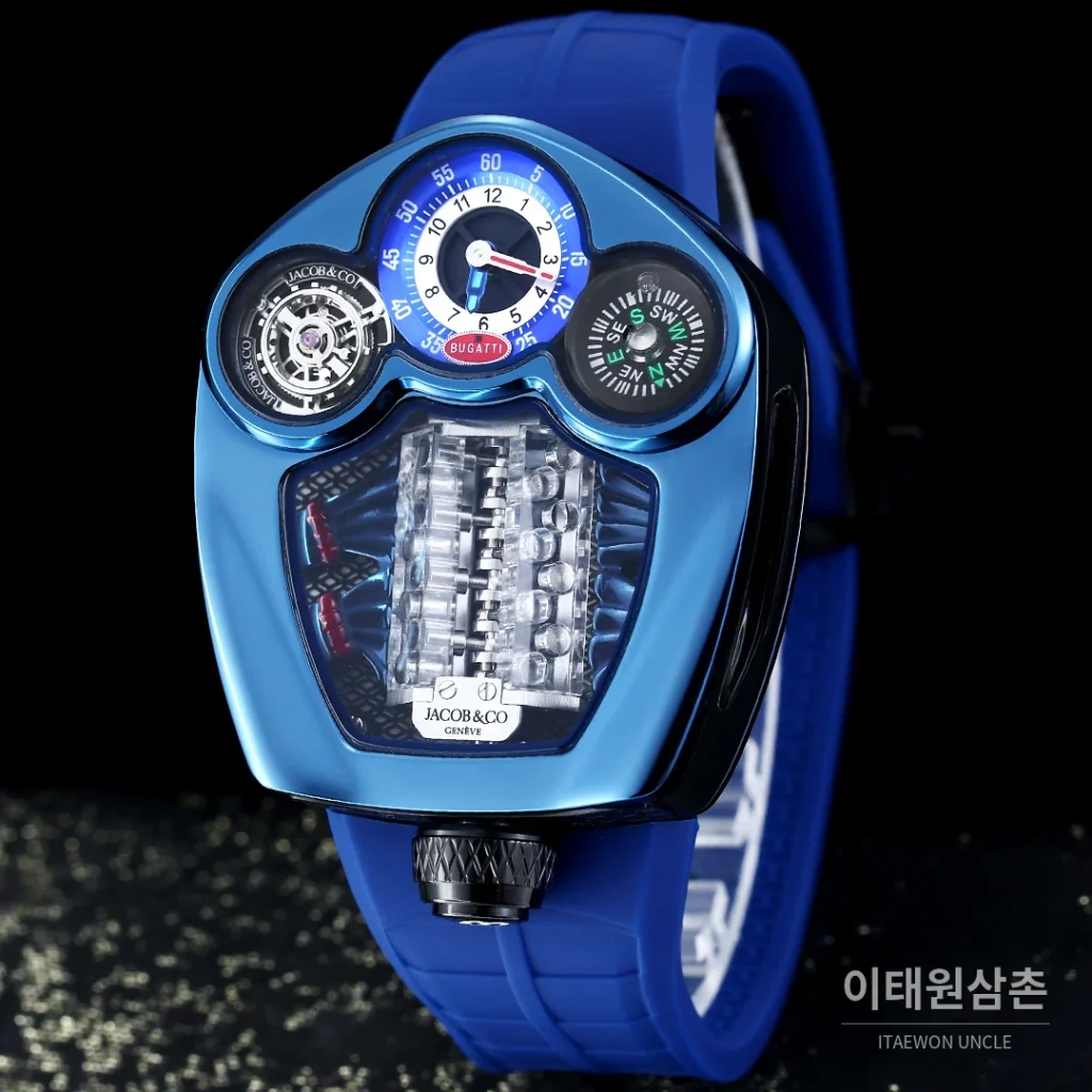 제이콥앤코 부가티 투르비용 W16 엔진 스켈레톤 오토매틱 55mm 블랙 다이얼 레드 러버 스트랩