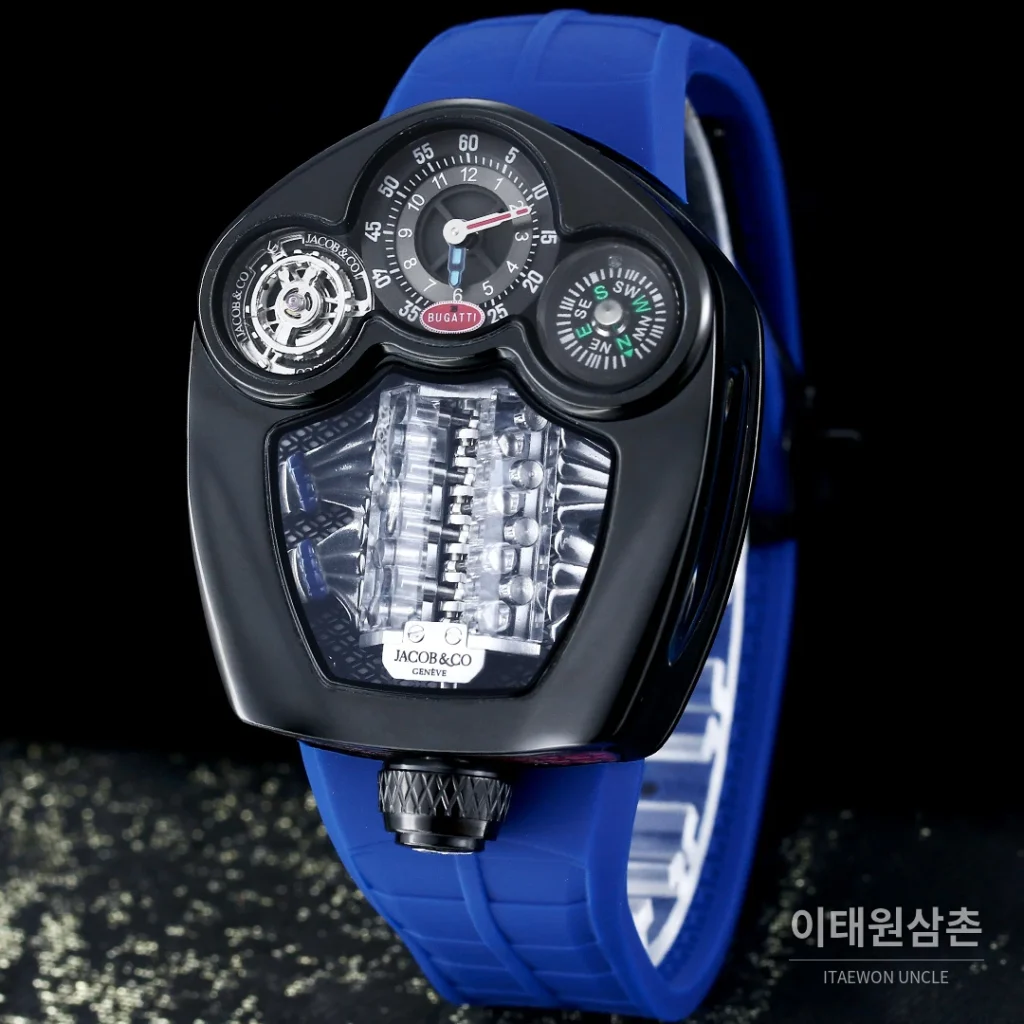 제이콥앤코 부가티 투르비용 W16 엔진 스켈레톤 오토매틱 55mm 블랙 다이얼 블랙 러버 스트랩