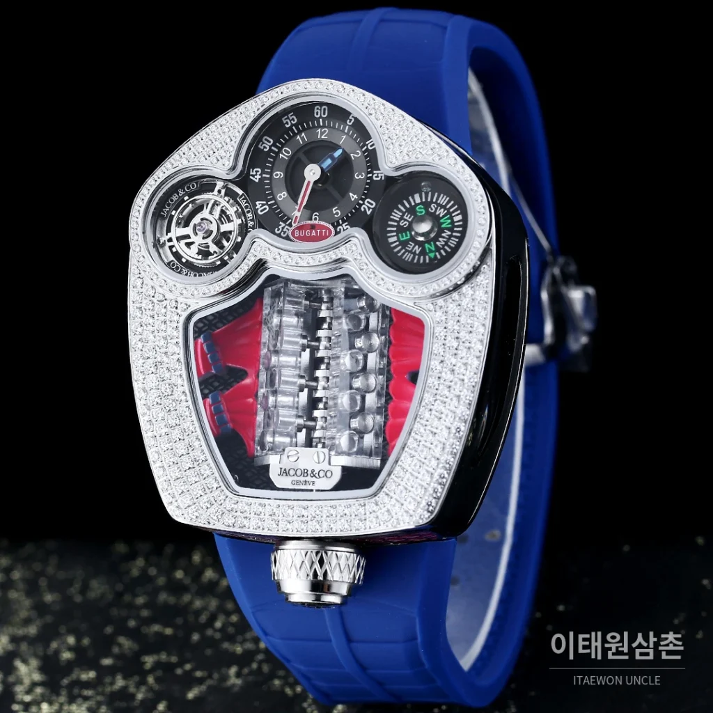 제이콥앤코 부가티 투르비용 W16 엔진 스켈레톤 오토매틱 55mm 블랙 다이얼 블랙 러버 스트랩 실버 베젤