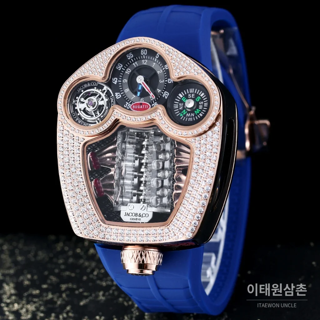 제이콥앤코 부가티 투르비용 W16 엔진 스켈레톤 오토매틱 55mm 블랙 다이얼 블랙 러버 스트랩 로즈골드 베젤 (2)