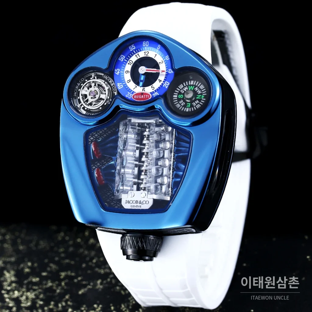 제이콥앤코 부가티 투르비용 W16 엔진 스켈레톤 오토매틱 55mm 블랙 다이얼 레드 러버 스트랩