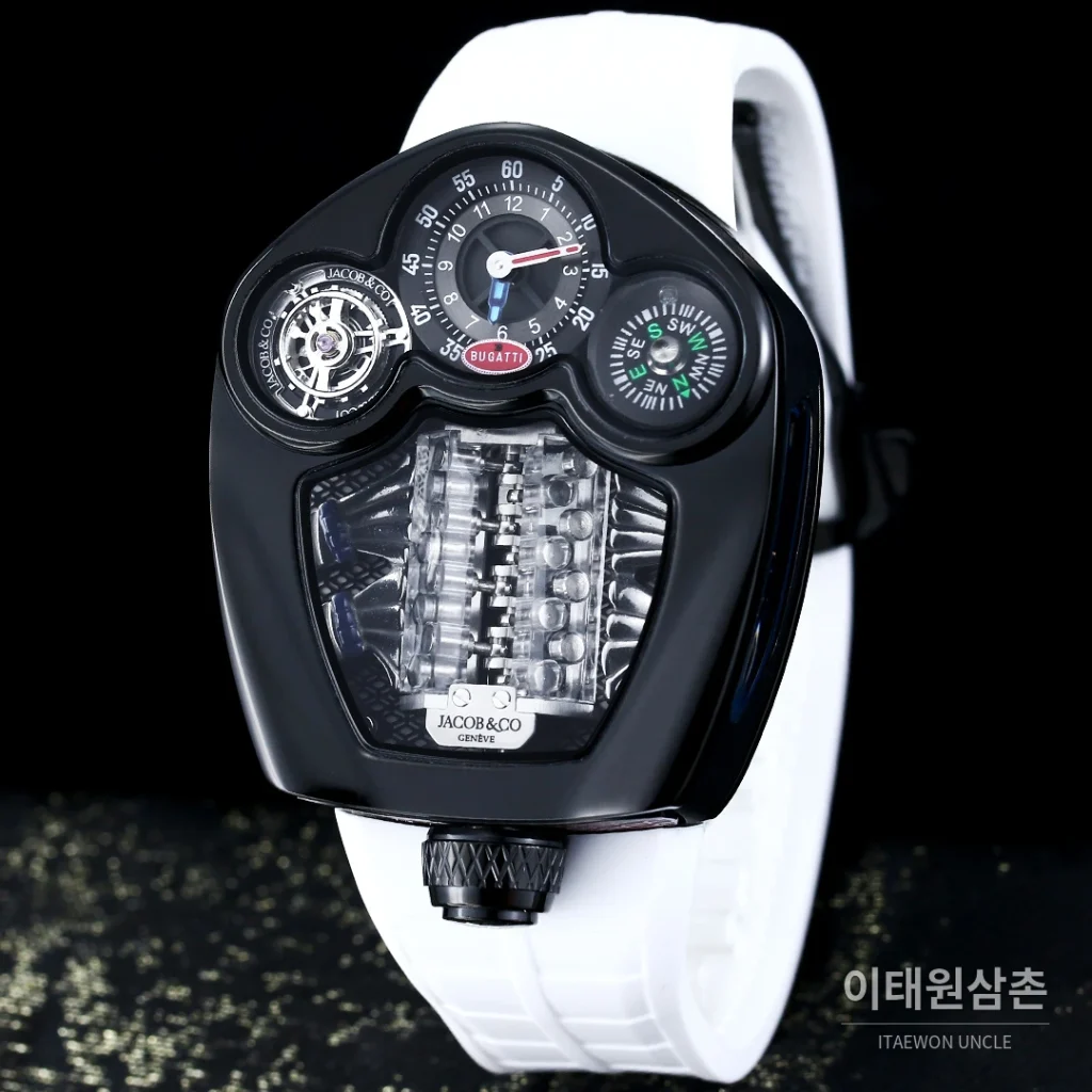 제이콥앤코 부가티 투르비용 W16 엔진 스켈레톤 오토매틱 55mm 블랙 다이얼 블랙 러버 스트랩