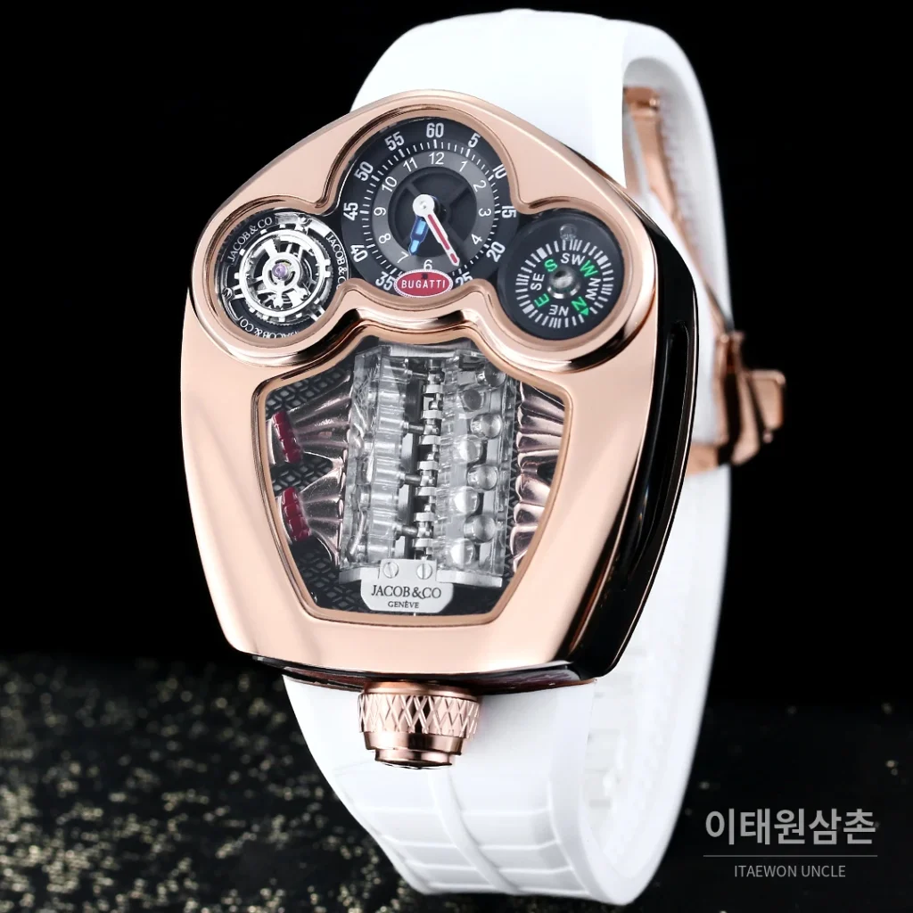 제이콥앤코 부가티 투르비용 W16 엔진 스켈레톤 오토매틱 55mm 블랙 다이얼 블랙 러버 스트랩 로즈골드 베젤