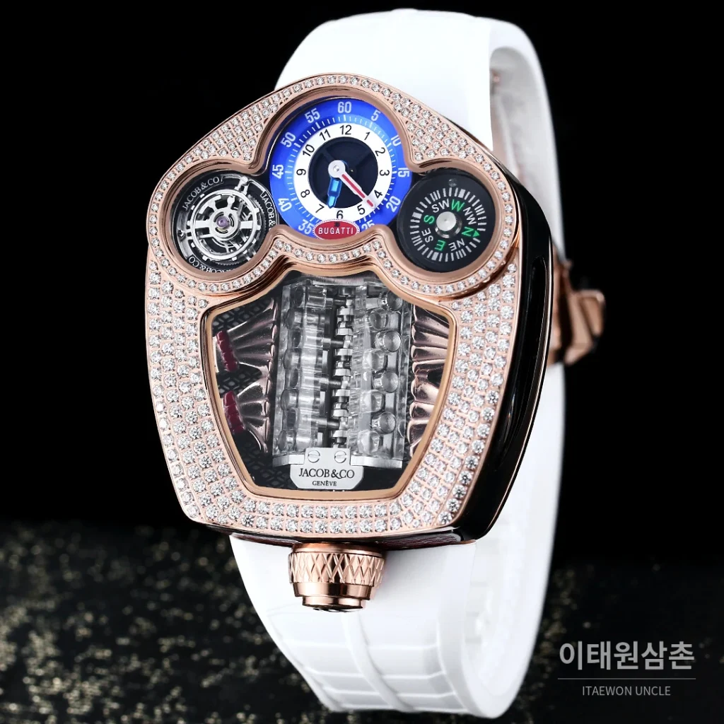 제이콥앤코 부가티 투르비용 W16 엔진 스켈레톤 오토매틱 55mm 블랙 다이얼 블랙 러버 스트랩 로즈골드 베젤 (2)