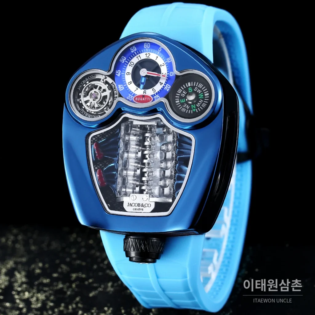 제이콥앤코 부가티 투르비용 W16 엔진 스켈레톤 오토매틱 55mm 블랙 다이얼 레드 러버 스트랩