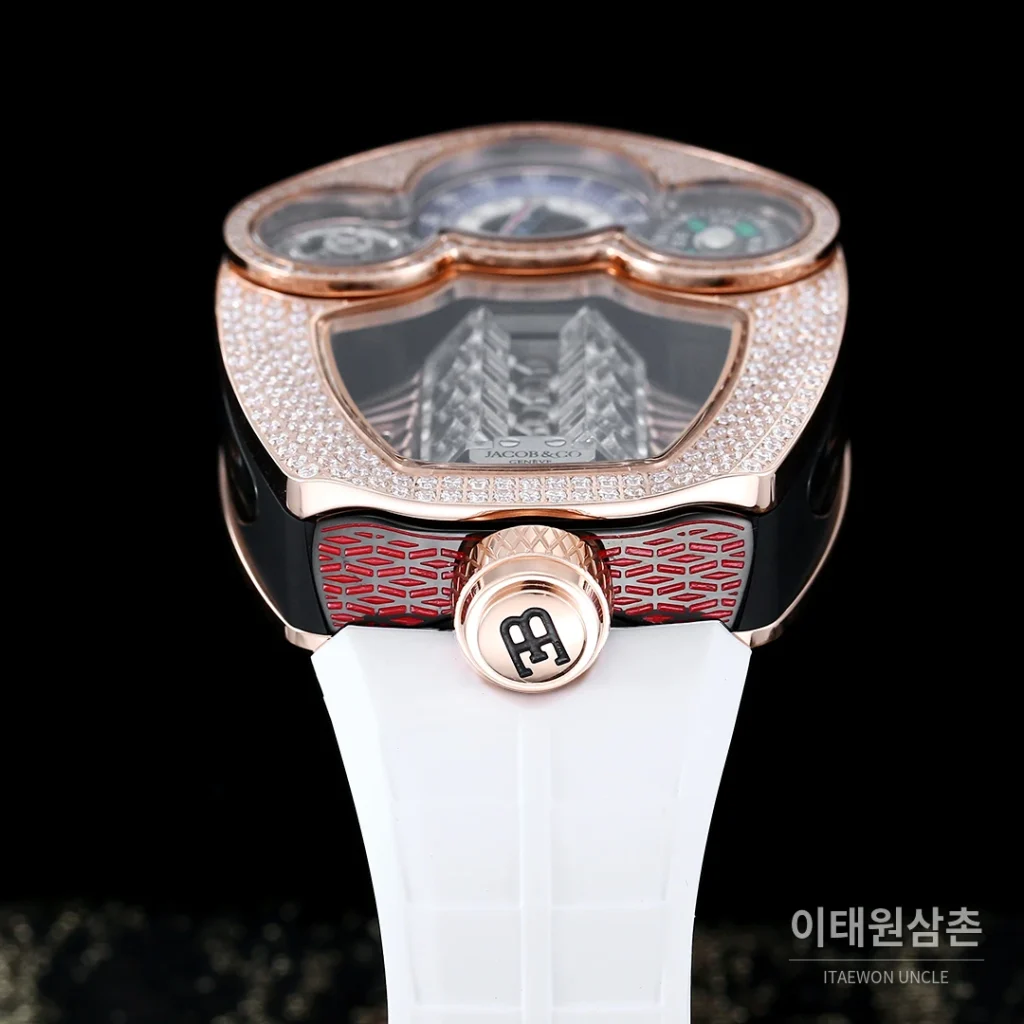 제이콥앤코 부가티 투르비용 W16 엔진 스켈레톤 오토매틱 55mm 블랙 다이얼 블랙 러버 스트랩 로즈골드 베젤 (2)