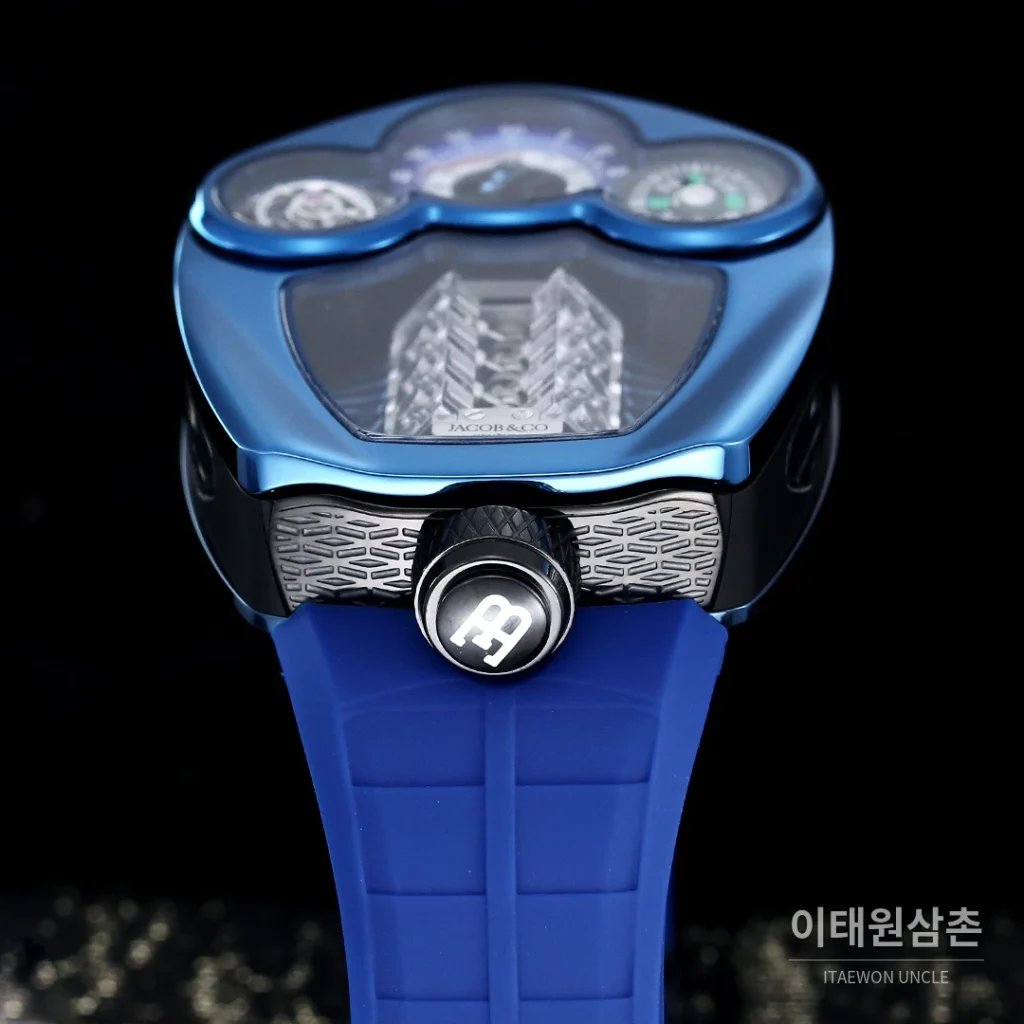 제이콥앤코 부가티 투르비용 W16 엔진 스켈레톤 오토매틱 55mm 블랙 다이얼 레드 러버 스트랩