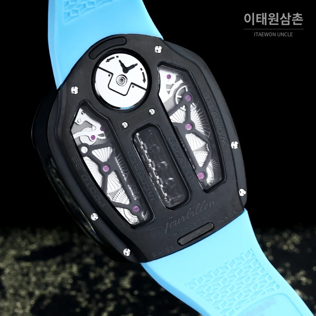 제이콥앤코 부가티 투르비용 W16 엔진 스켈레톤 오토매틱 55mm 블랙 다이얼 블랙 러버 스트랩