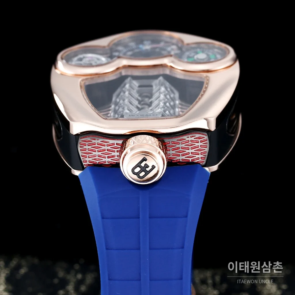 제이콥앤코 부가티 투르비용 W16 엔진 스켈레톤 오토매틱 55mm 블랙 다이얼 블랙 러버 스트랩 로즈골드 베젤