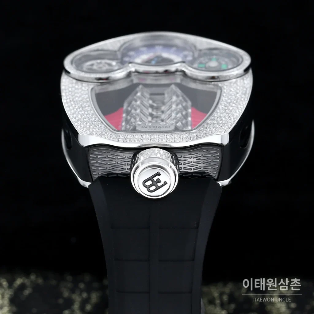 제이콥앤코 부가티 투르비용 W16 엔진 스켈레톤 오토매틱 55mm 블랙 다이얼 블랙 러버 스트랩 실버 베젤