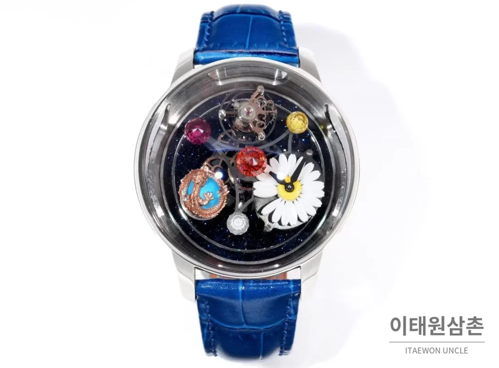 제이콥앤코 지드래곤 다이아몬드 데이지 드래곤 투르비용 시계 47mm 멀티컬러 블랙 다이얼 블루 가죽 스트랩