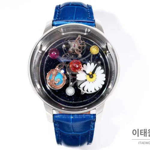 제이콥앤코 지드래곤 다이아몬드 데이지 드래곤 투르비용 시계 47mm 멀티컬러 블랙 다이얼 블루 가죽 스트랩 제이콥앤코 지드래곤 다이아몬드 데이지 드래곤 투르비용 시계 47mm 멀티컬러 블랙 다이얼 블루 가죽 스트랩