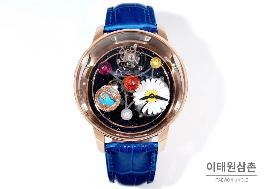 제이콥앤코 지드래곤 다이아몬드 데이지 드래곤 투르비용 시계 47mm 멀티컬러 블랙 다이얼 블루 가죽 스트랩 로즈골드 베젤