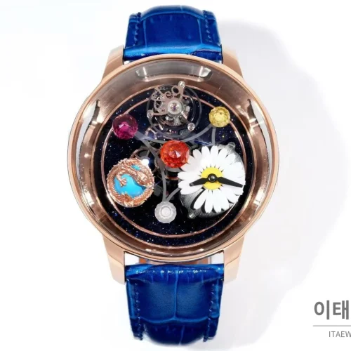제이콥앤코 지드래곤 다이아몬드 데이지 드래곤 투르비용 시계 47mm 멀티컬러 블랙 다이얼 블루 가죽 스트랩 로즈골드 베젤 제이콥앤코 지드래곤 다이아몬드 데이지 드래곤 투르비용 시계 47mm 멀티컬러 블랙 다이얼 블루 가죽 스트랩 로즈골드 베젤