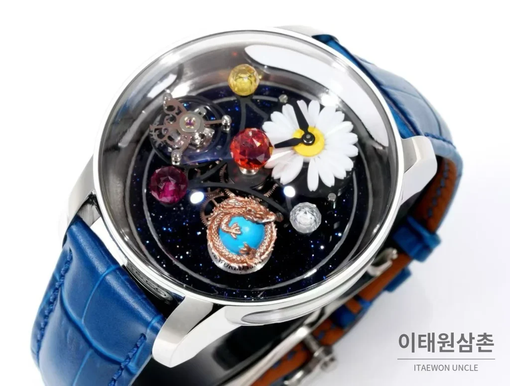 제이콥앤코 지드래곤 다이아몬드 데이지 드래곤 투르비용 시계 47mm 멀티컬러 블랙 다이얼 블루 가죽 스트랩
