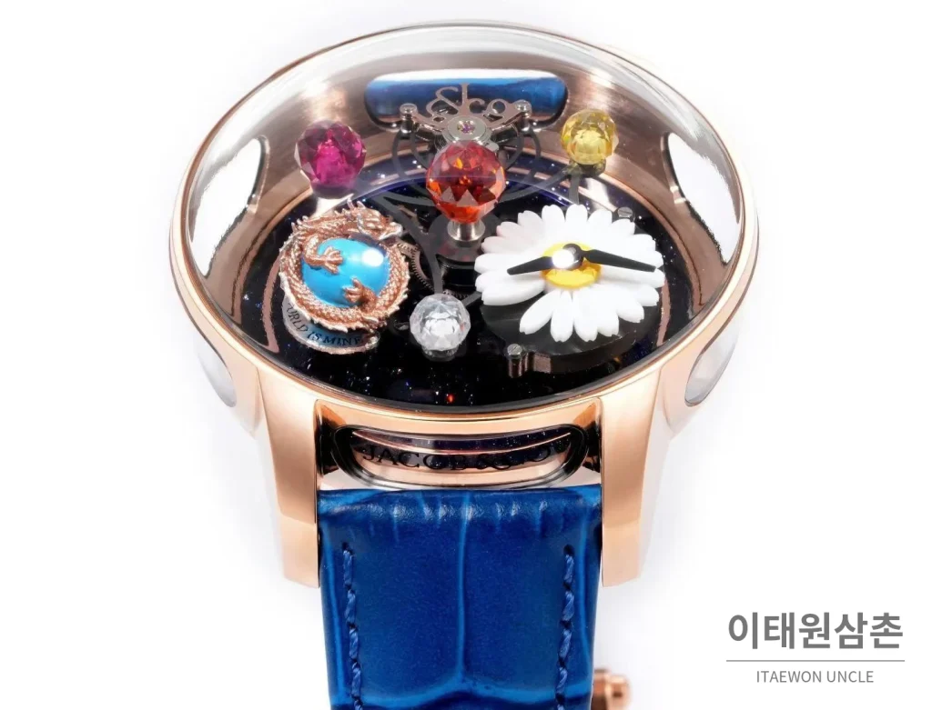 제이콥앤코 지드래곤 다이아몬드 데이지 드래곤 투르비용 시계 47mm 멀티컬러 블랙 다이얼 블루 가죽 스트랩 로즈골드 베젤
