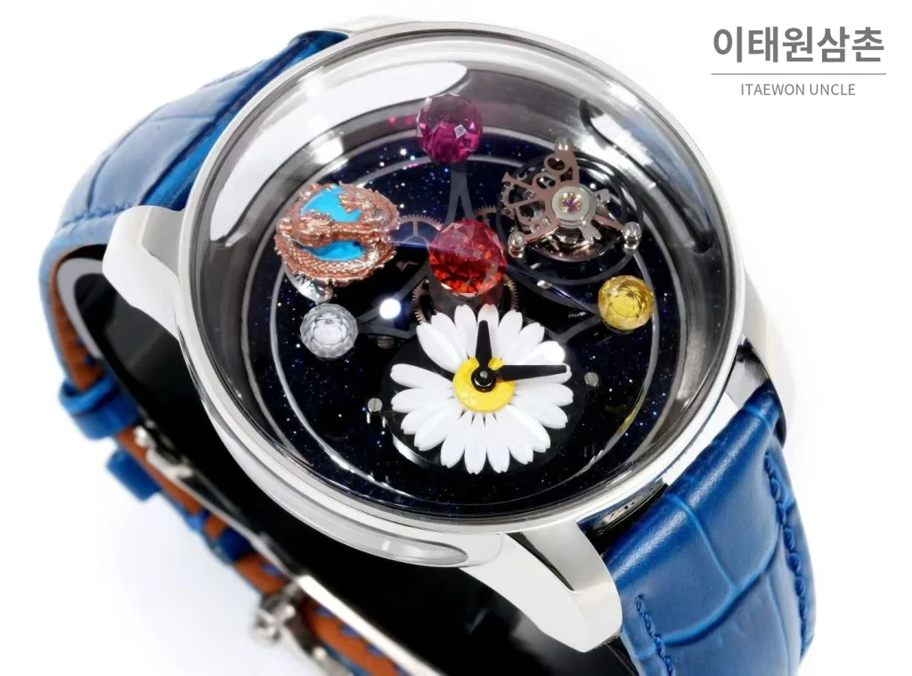 제이콥앤코 지드래곤 다이아몬드 데이지 드래곤 투르비용 시계 47mm 멀티컬러 블랙 다이얼 블루 가죽 스트랩
